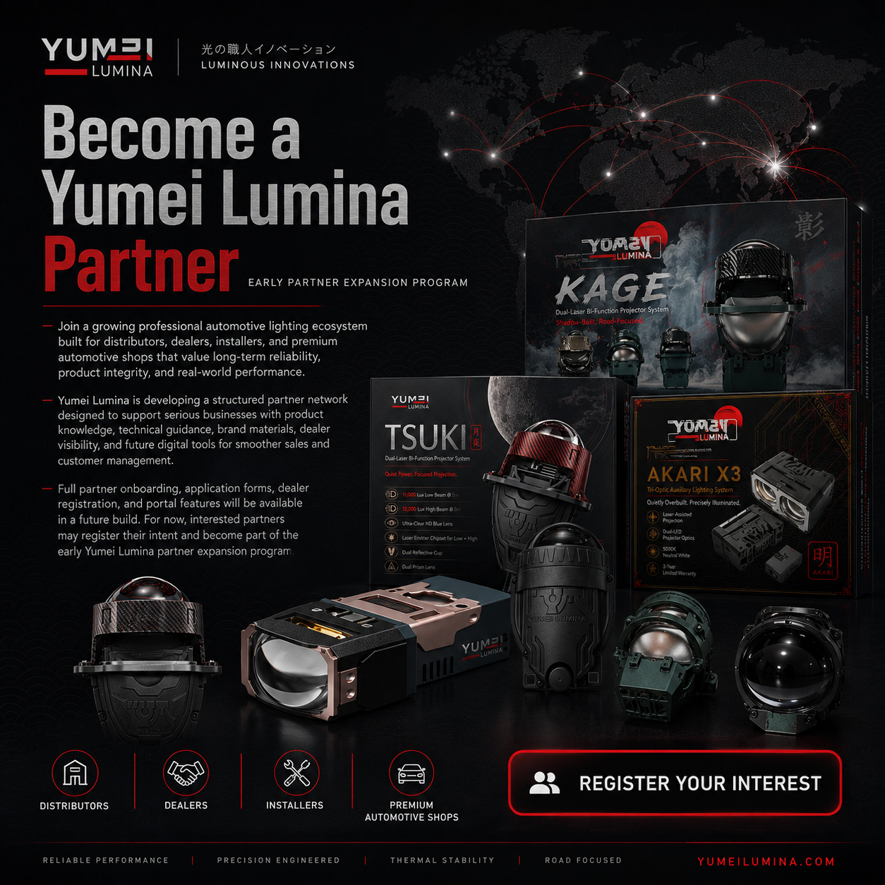 Become a Yumei Lumina Partner — professional automotive lighting ecosystem